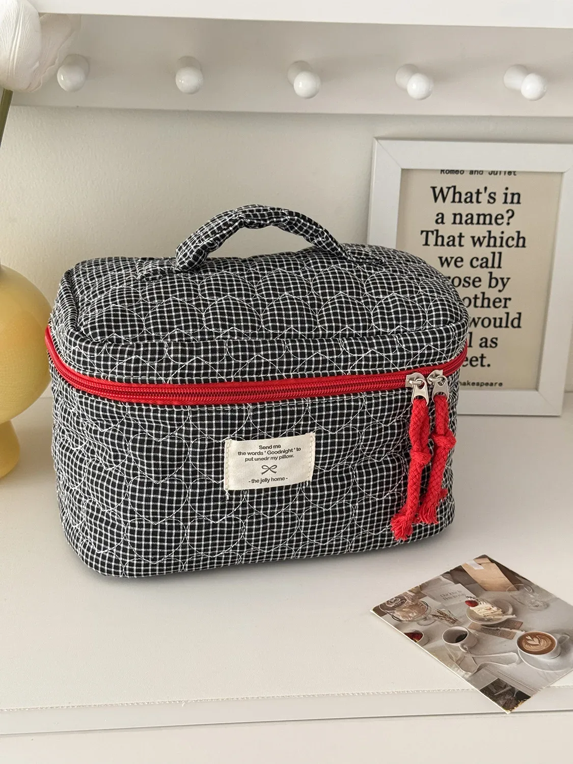 sacs à cosmétiques matelassés à carreaux en forme de cœur pour femmes, trousse de maquillage de grande capacité, sac de rangement de voyage pour dames, sac à main décontracté pour filles, pochette