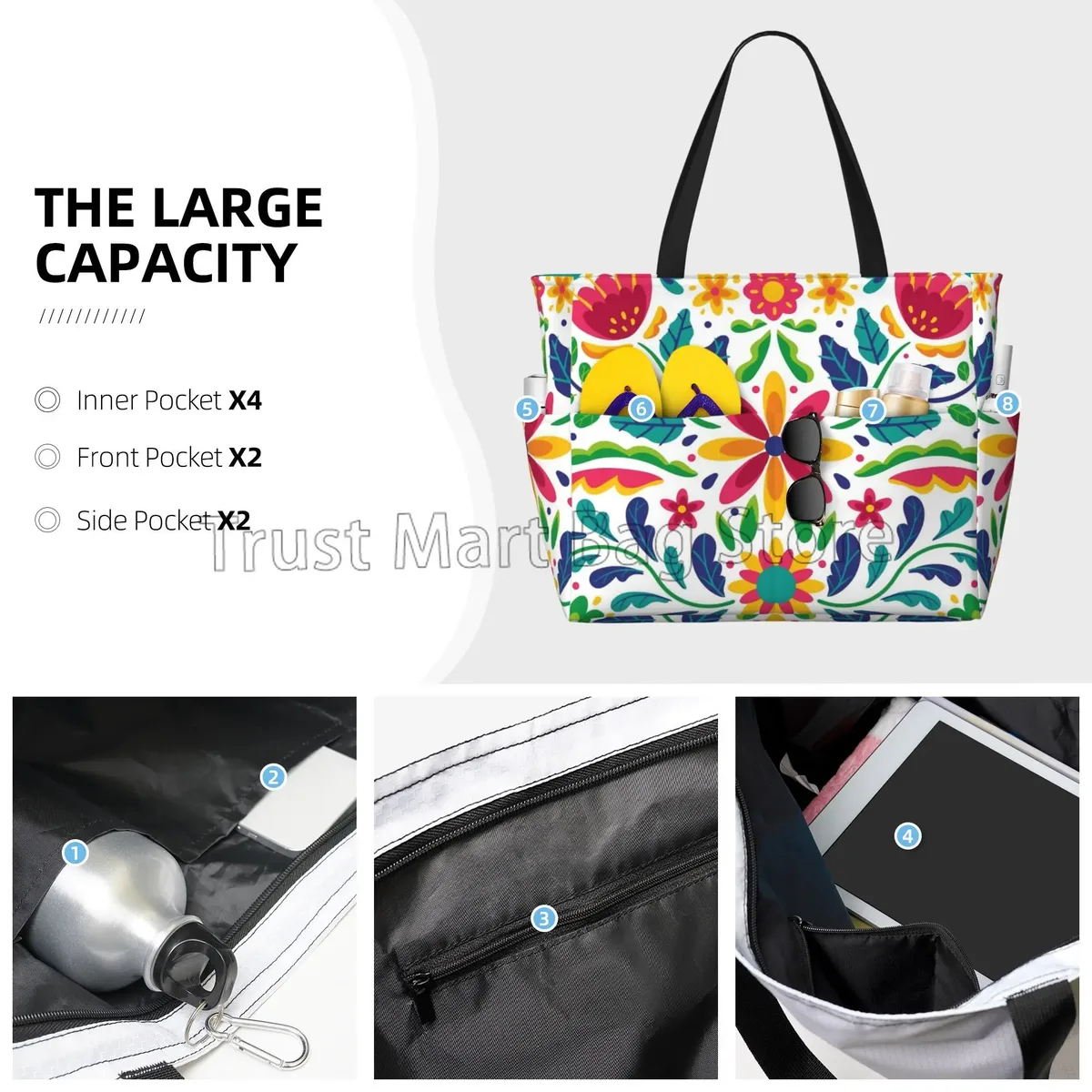 fourre-tout de plage imperméable à fleurs mexicaines pour femmes, sacs de piscine pour dames, sac de sport extra large, sac à main pour week-end, voyage, natation