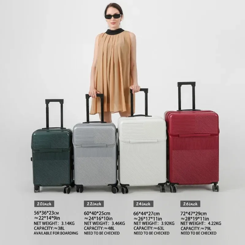 valise de poche à ouverture avant, bagages roulants de voyage, chariot en alliage d'aluminium abs + étui pour pc avec roue rotative, port de chargement usb