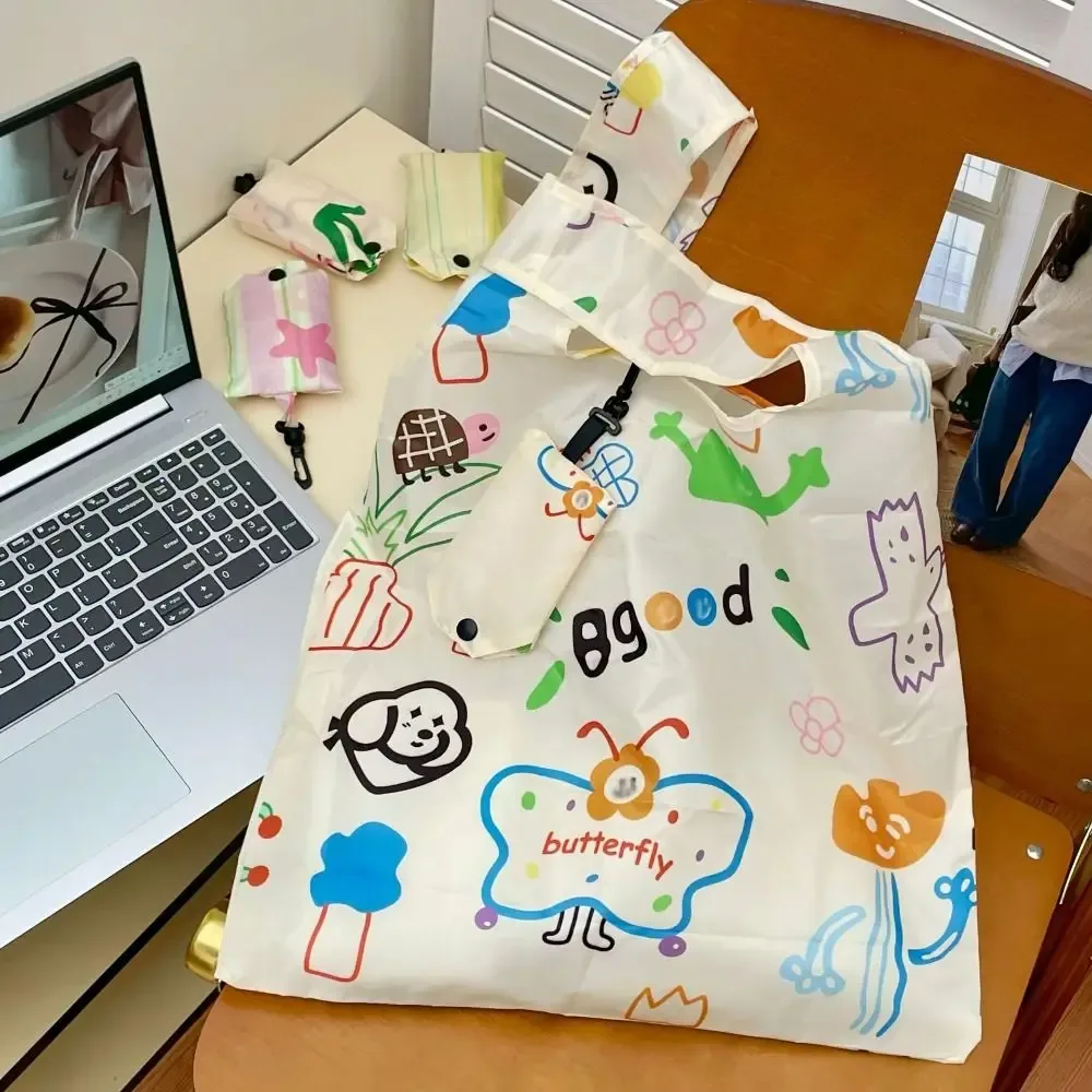 sac de shopping pliable en nylon amusant, sacs de rangement réutilisables, sac écologique à motif de dessin animé, sac fourre-tout imperméable, sac de voyage pour courses.