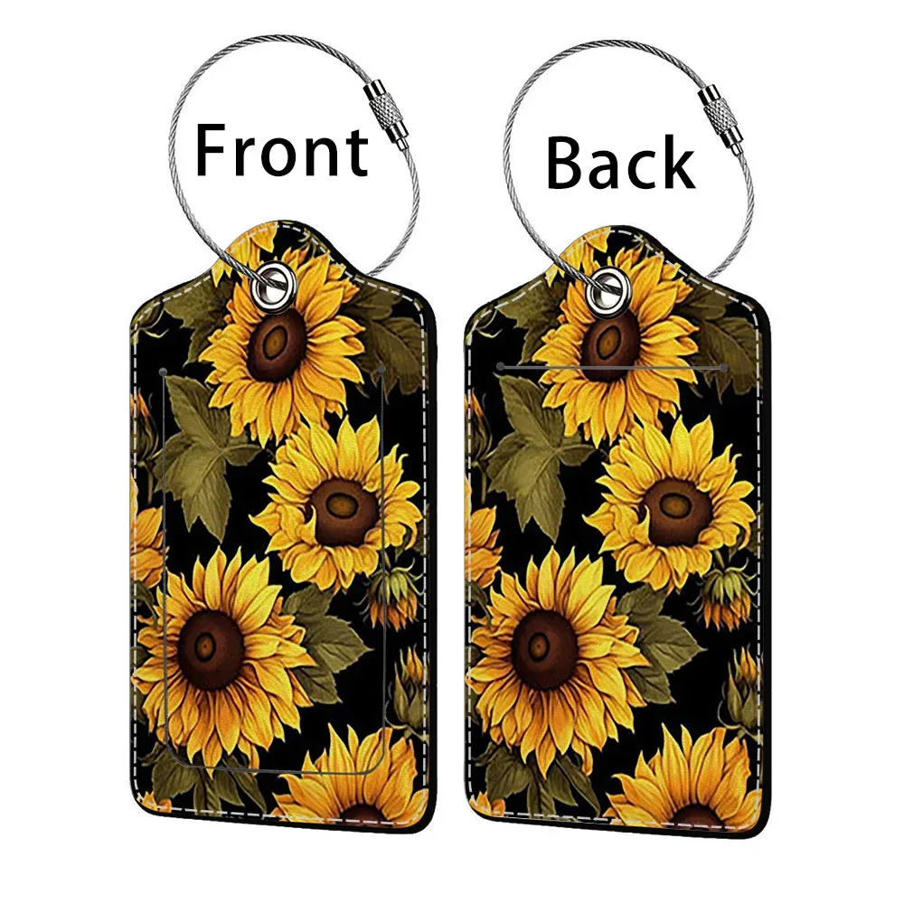 étiquette bagage polyuréthane motif tournesols bleu nuit jaune voyage identification personnelle plaques adresses double cartes bancaires