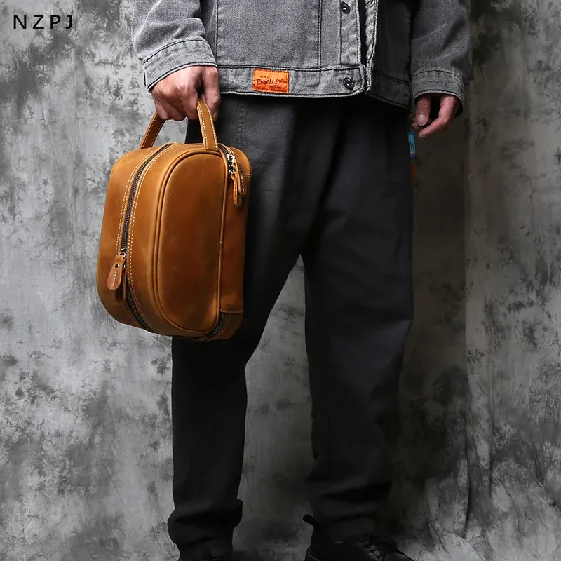 nzpj vintage en cuir véritable trousse de toilette couche supérieure en peau de vache trousse de maquillage peau de cheval fou sac à main pour hommes tablette sac d'ordinateur