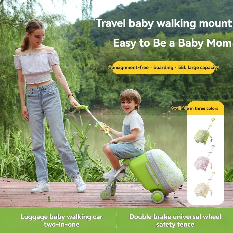 valise abs bébé vert personnages animaux roulettes toupie pliante parebrise amovible usage voyage enfant