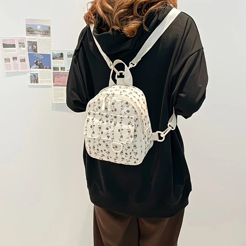 mini sac à dos pour femme avec motif floral marron et ruban en satin couleur café, bretelles réglables et fermeture à glissière – sac à main léger en polyester, adapté aux voyages