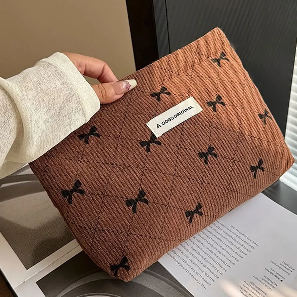 sac de maquillage en velours côtelé avec nœud papillon, sac de rangement portable pour soins de la peau, trousse de toilette