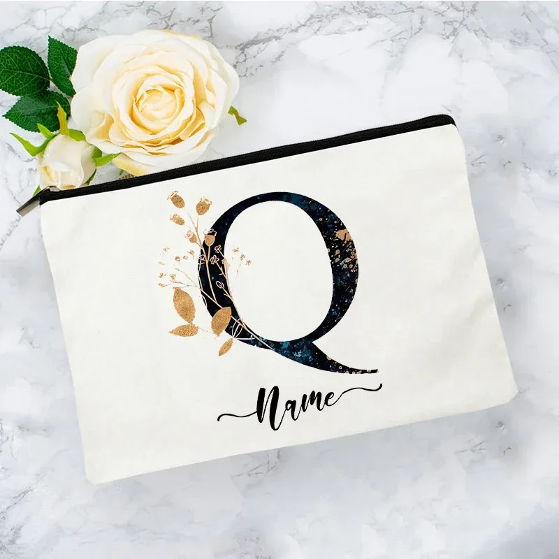 pochette organisatrice en toile noire et or de luxe avec initiales, sac de voyage pour cosmétiques, cadeau de toilette d'anniversaire avec nom personnalisé