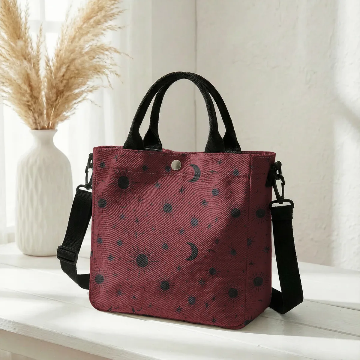 sac fourre-tout violet imprimé soleil, lune et étoiles, avec bandoulière amovible, sac à main pour femme, pour les courses quotidiennes