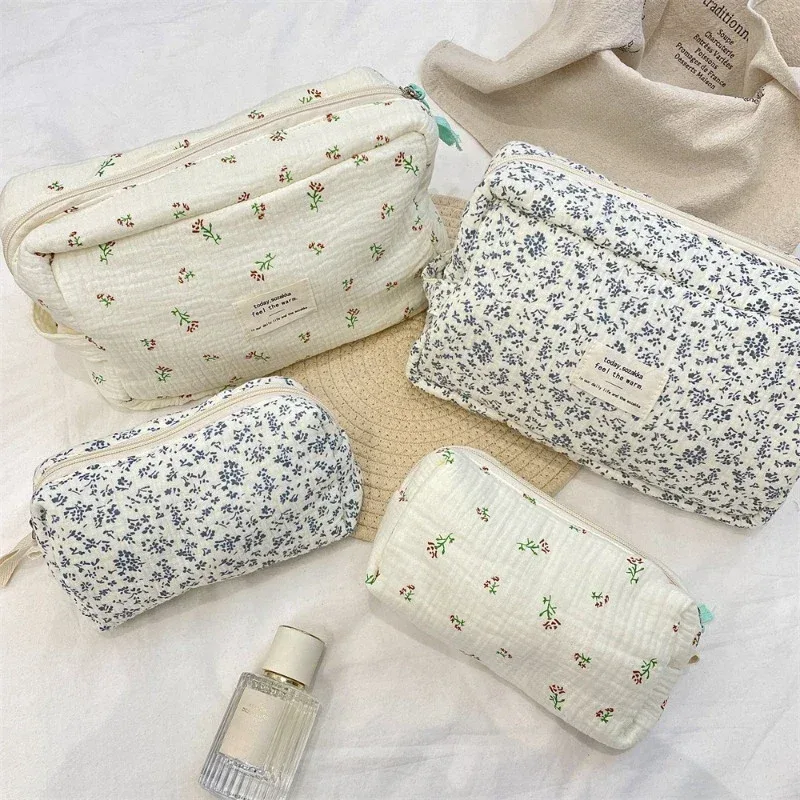 sacs de rangement de rouge à lèvres de grande capacité bleu fleur, trousse de maquillage de banlieue, trousse de toilette de voyage, trousse à cosmétiques pratique pour femmes