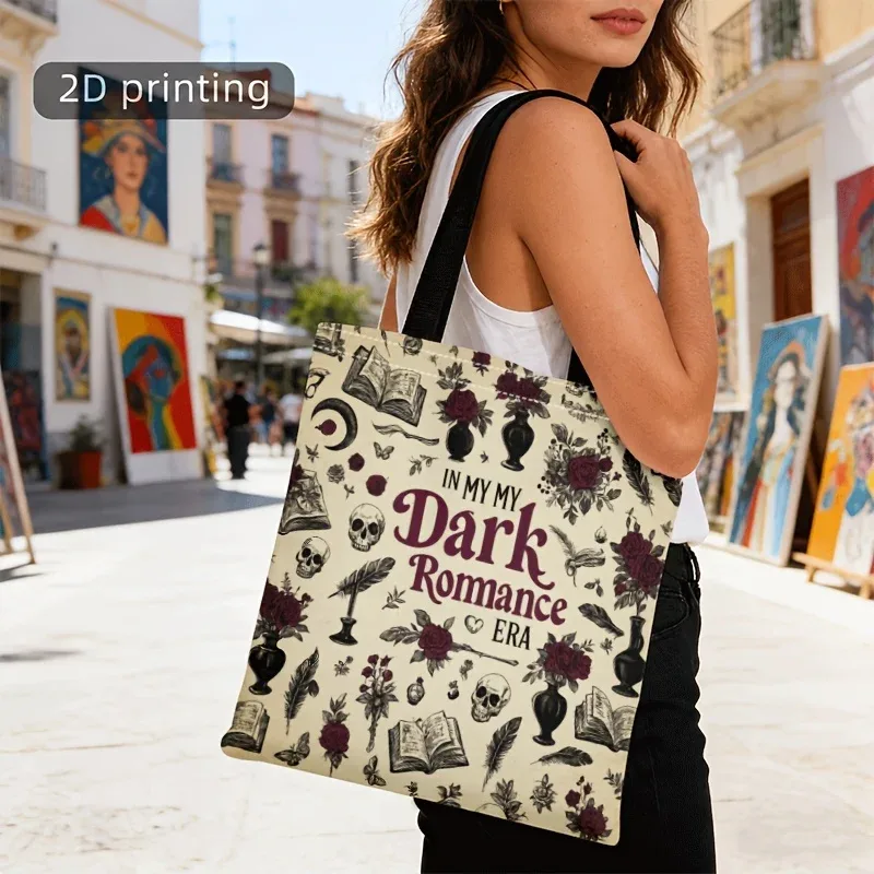 sac fourre-tout gothique romantique, motif vintage de crâne, roses rouges et plumes, sac à main réutilisable en toile pour les amoureux des livres