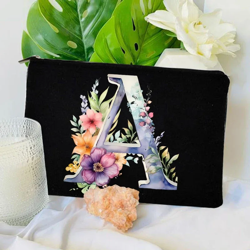 trousse toilette toile noire initiale fleurs maquillage femmes voyage sac cosmétiques intérieur uni poignée glissière