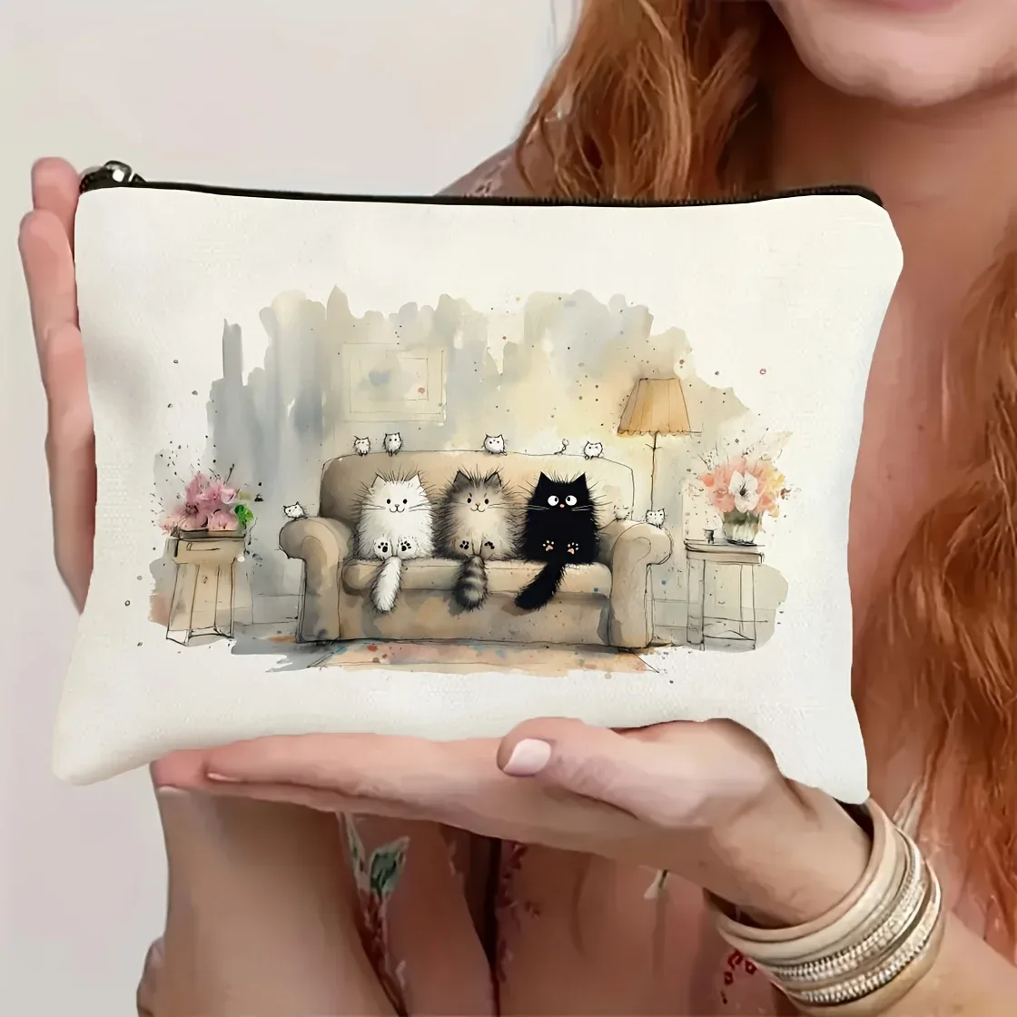 trousse polyester chats scène salon floral bleu noir beige voyage cosmétiques toile légère pliante