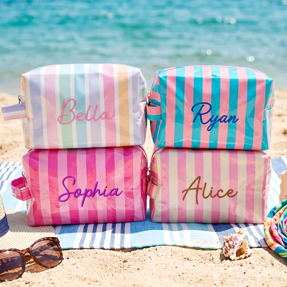 trousse de toilette rayée avec nom brodé, portable, imperméable, multifonctionnelle, cadeau pratique pour demoiselle d'honneur de mariage