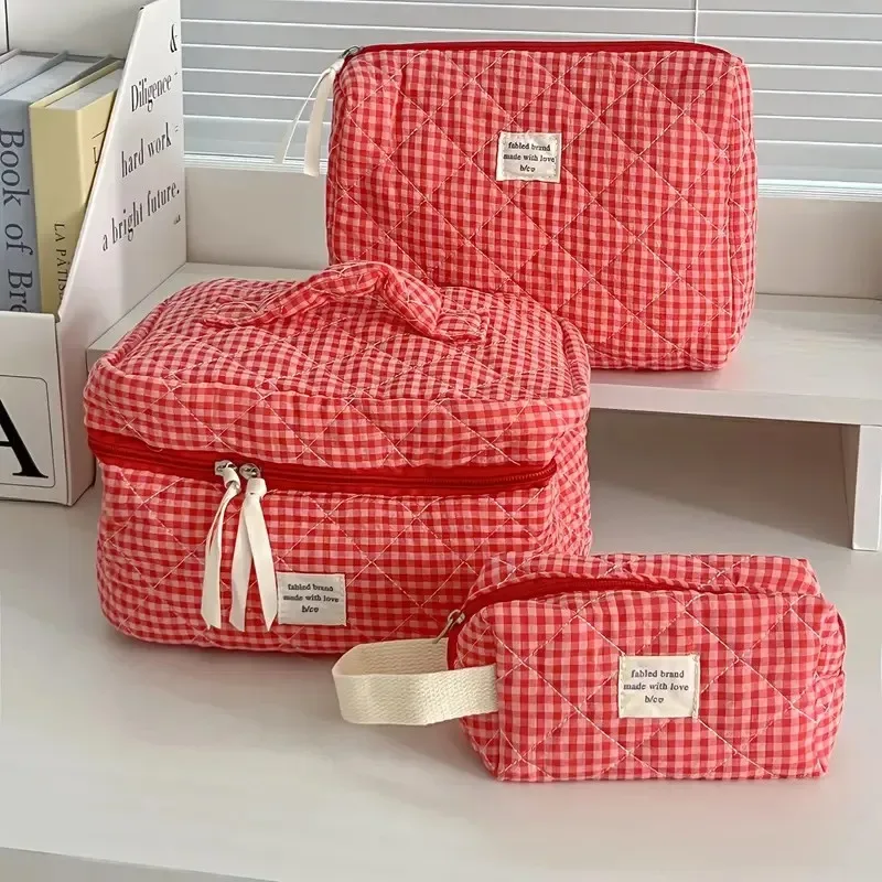 sac à cosmétiques à carreaux de grande capacité pour femmes, sac de rangement pour brosses de soins de la peau en coton pour filles, trousse de toilette de voyage portable, trousse de maquillage