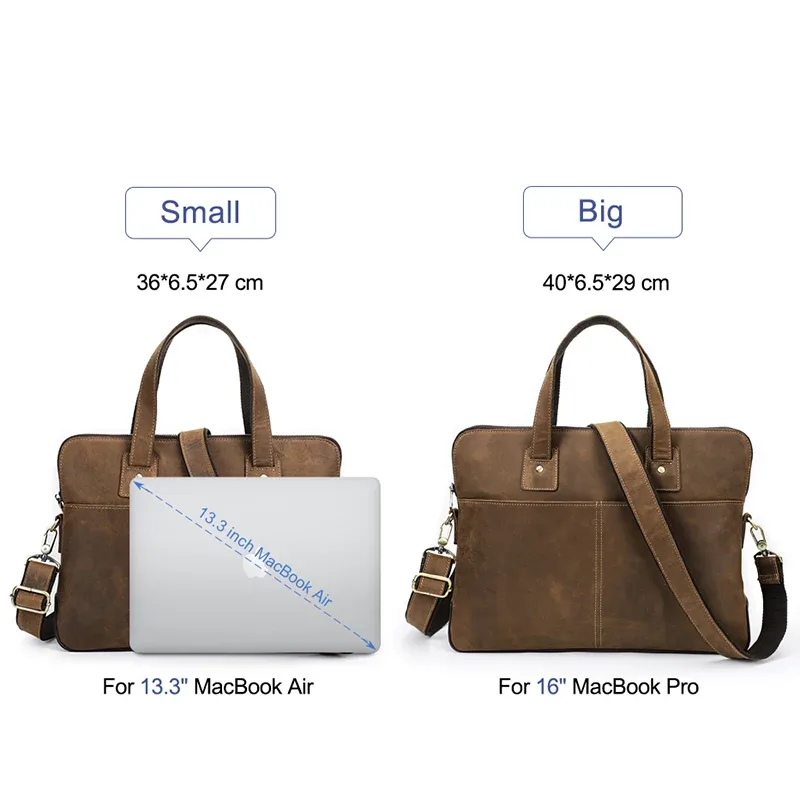 porte documents cuir vache crazy horse leather polyester fermeture éclair bande lièrre macbook 13 16 pouces voyage