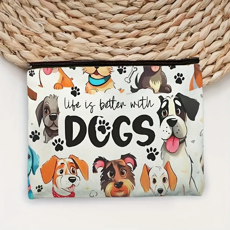 pochette de rangement pour cosmétiques et articles de toilette sur le thème du chien – imprimé de chien de dessin animé mignon avec empreintes de pattes et citation « la vie est meilleure avec les chiens »