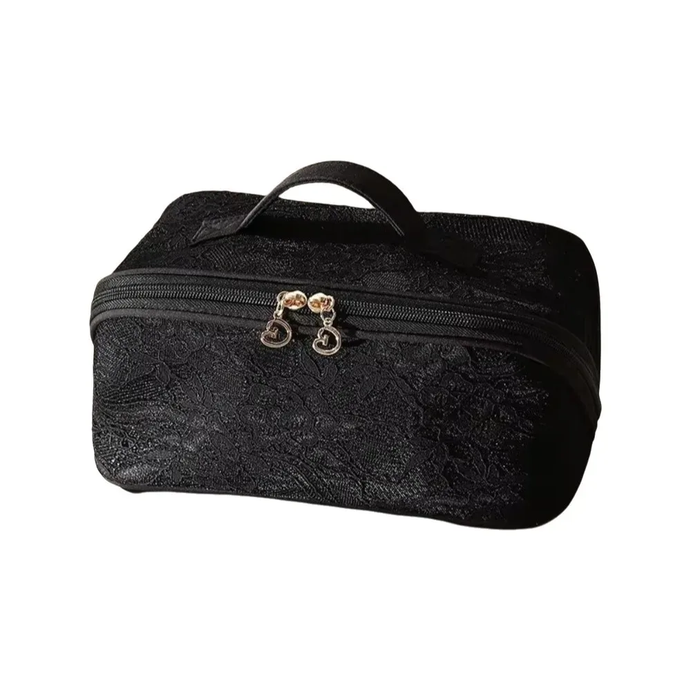 trousse de maquillage élégante en dentelle couleur unie grande capacité avec poignée sac de rangement cosmétique respirant trousse de toilette florale plage