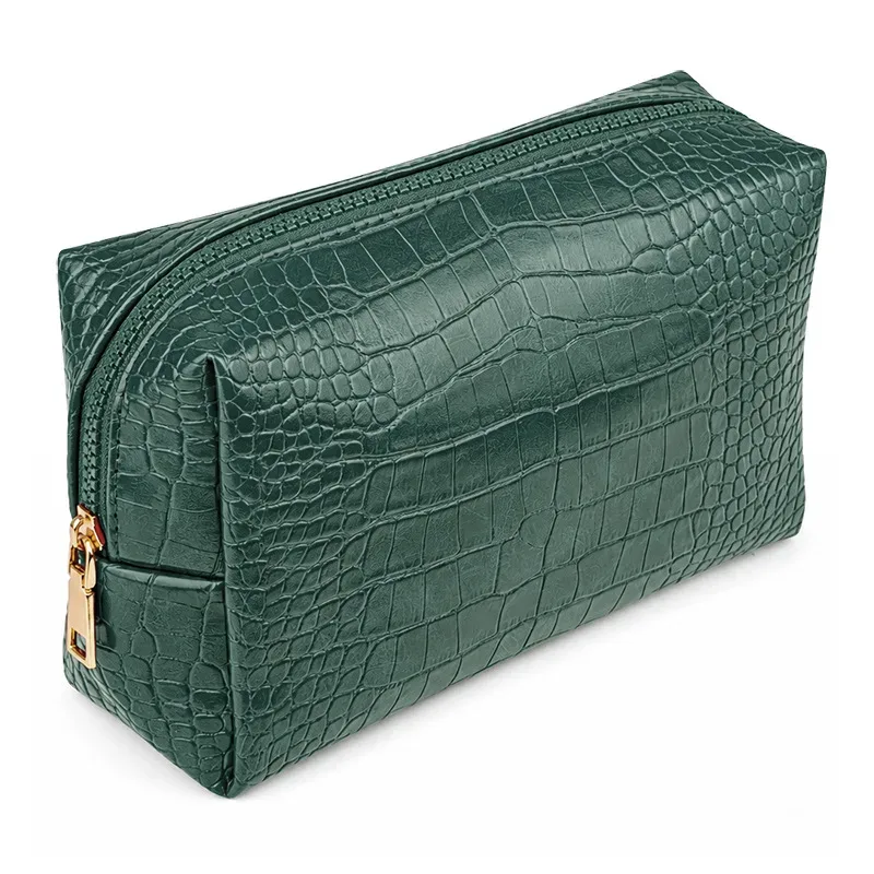 trousse de voyage vintage à grande capacité avec fermeture éclair, motif cuir de crocodile, personnalisable avec un nom, trousse de maquillage, trousse de toilette personnalisée.