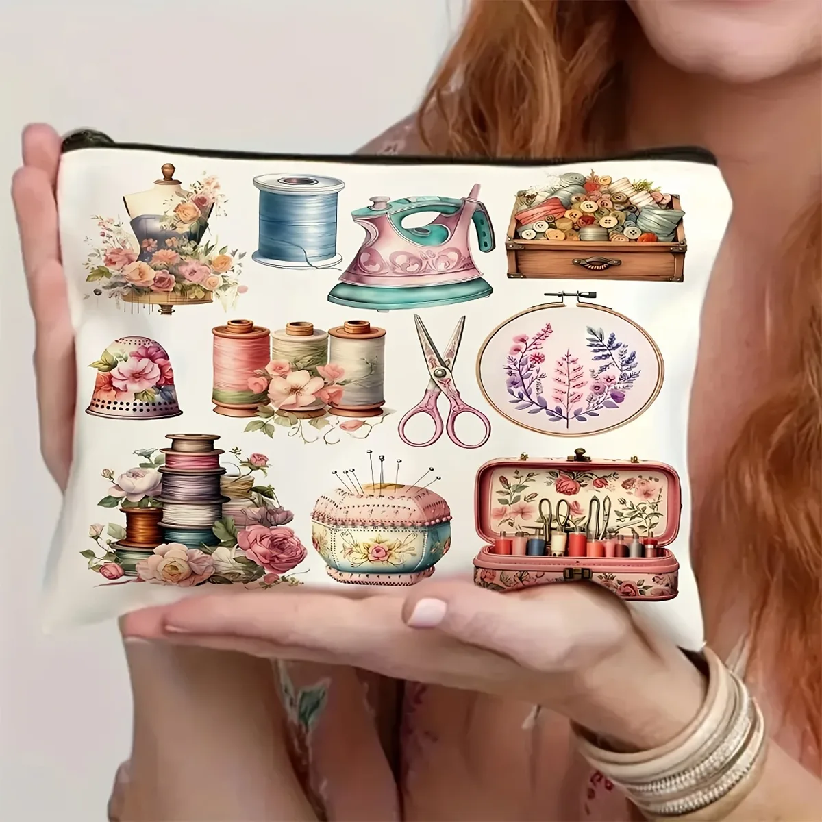 machine à coudre vintage et trousse de maquillage florale, organisateur de rangement sur le thème de la couture, trousse à cosmétiques de grande capacité, sac de voyage léger