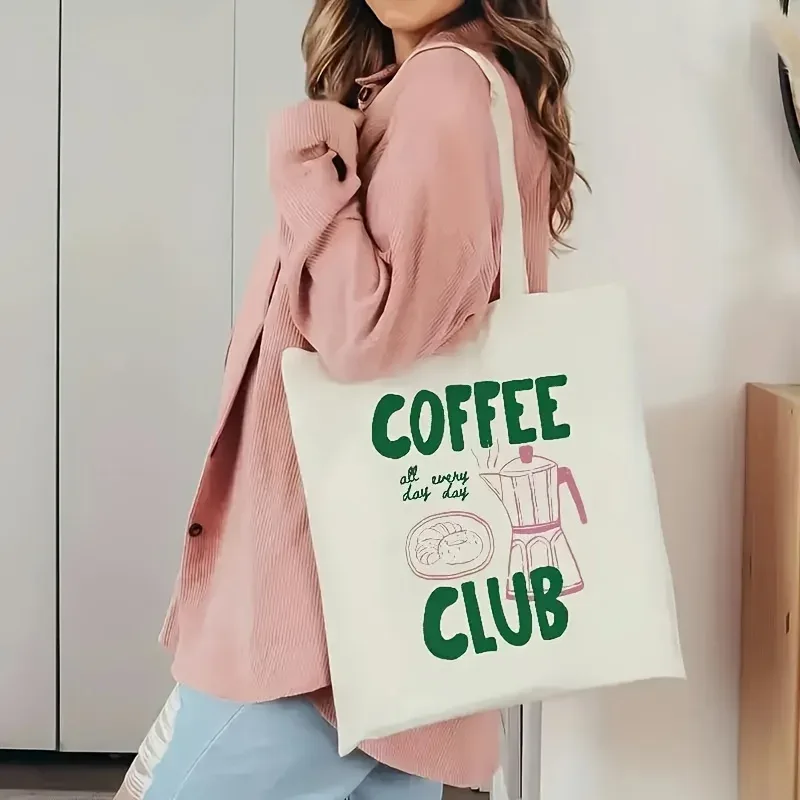 sac fourre-tout sur le thème du café, sac à bandoulière, avec lettrage vert et motif de tasse à café, adapté aux voyages, aux déplacements quotidiens et à une utilisation quotidienne décontractée.