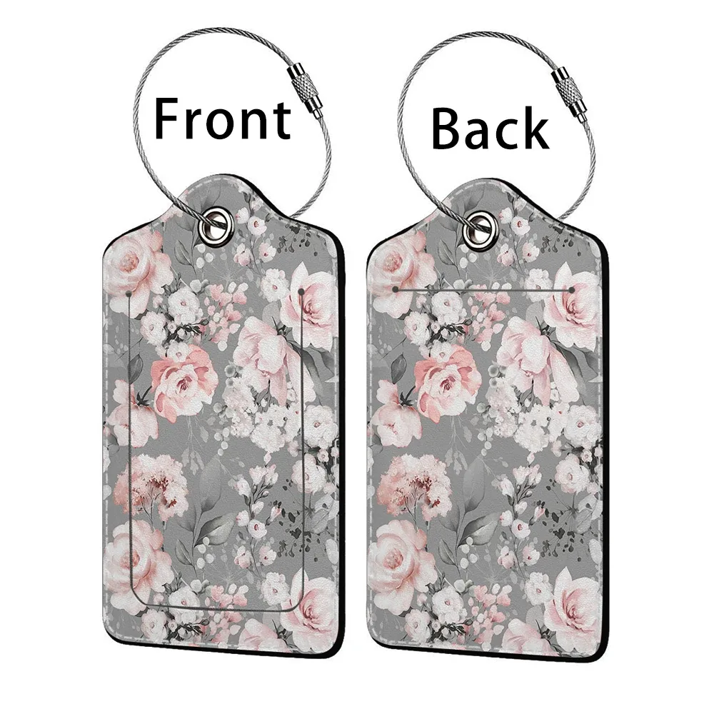 étiquette bagage polyuréthane motif floral subtil fond beige anneau métallique voyage affaires identification nom adresse
