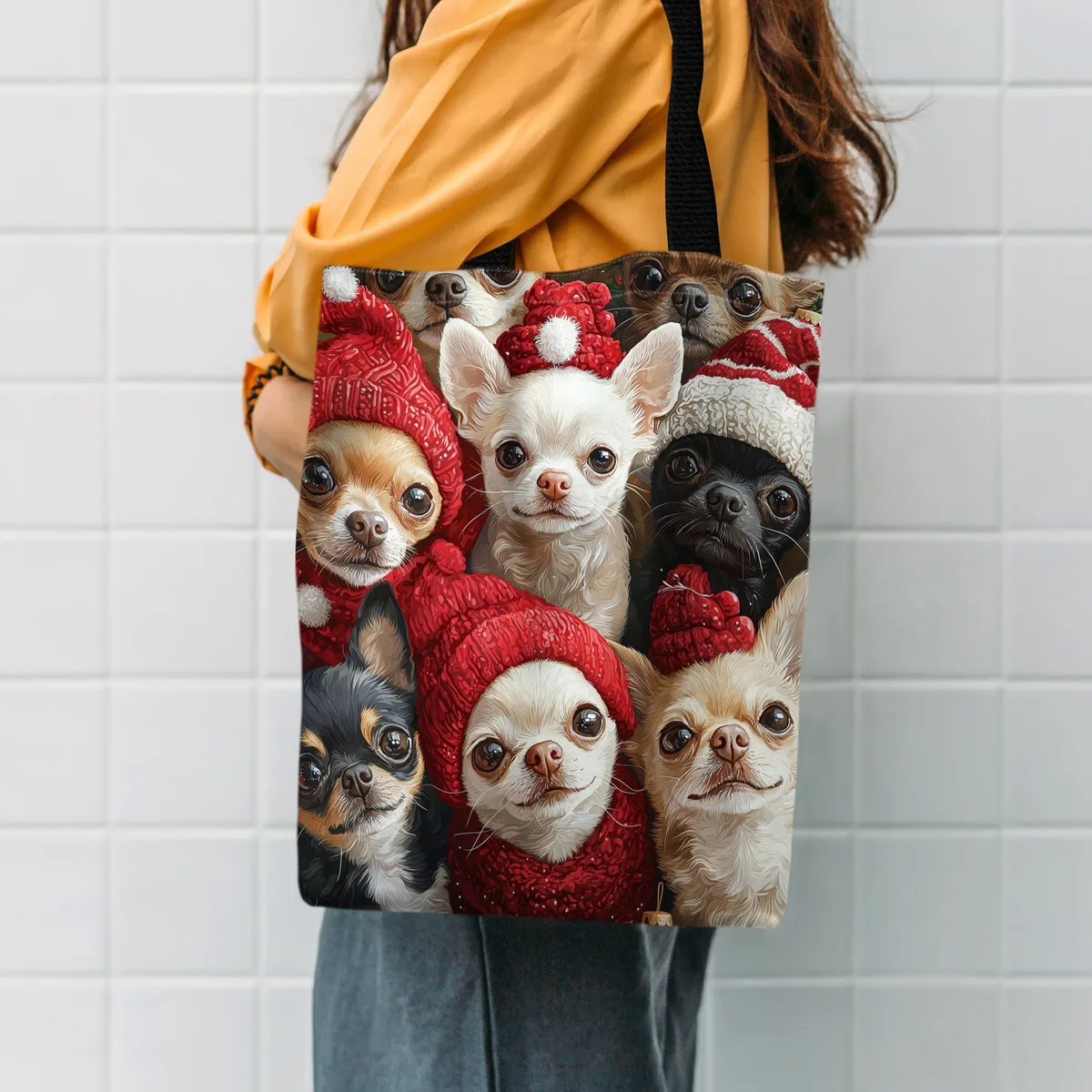 sac fourre-tout en polyester imprimé chihuahua, sac à bandoulière de shopping durable et réutilisable avec design animal mignon, 1 pièce