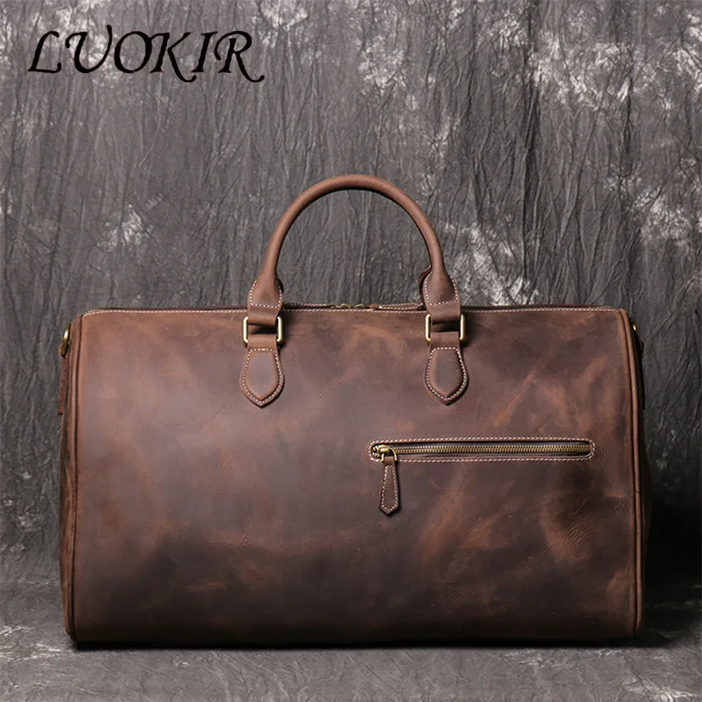 luokir en cuir véritable vintage crazy horse cuir hommes sac de voyage à main épaule bandoulière sac à bagages pochette d'ordinateur