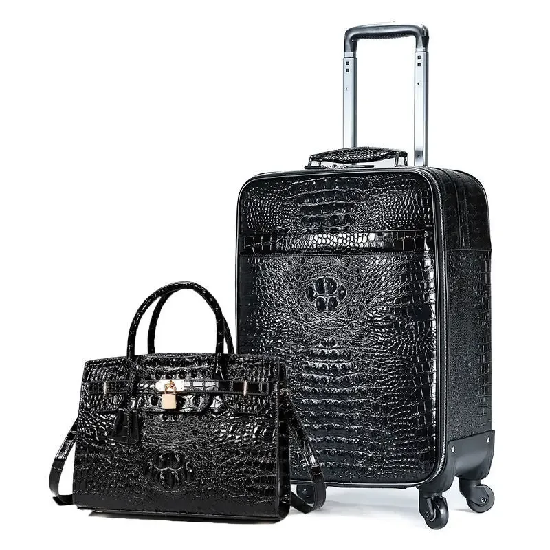 valise de luxe en cuir gaufré de crocodile de 20 pouces – bagage à main en cuir de vache de qualité supérieure avec ensemble de sacs à main pour voyage