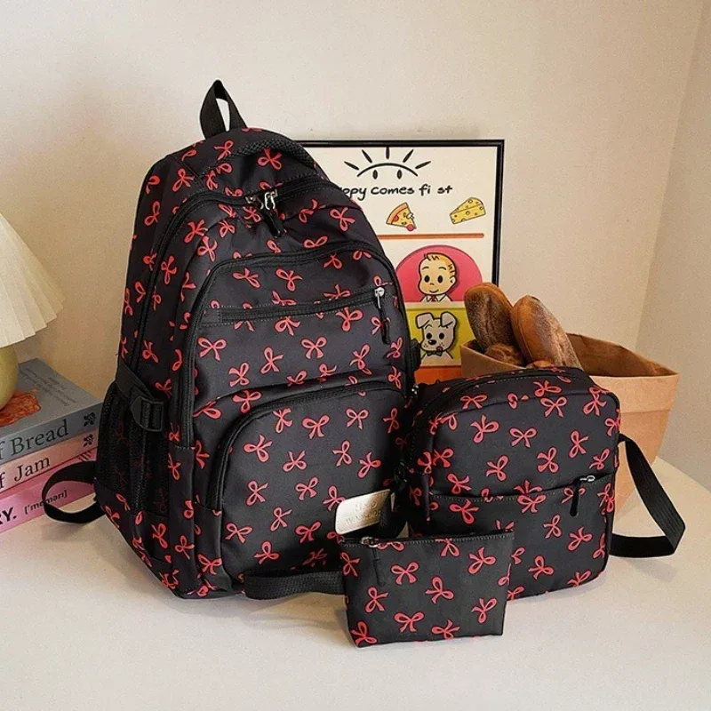 sac à dos tendance coréen pour femmes, imprimé nœud, léger, simple, pour étudiants, sac d'école, sangle réglable, sac à dos de voyage, 3 pièces/ensemble