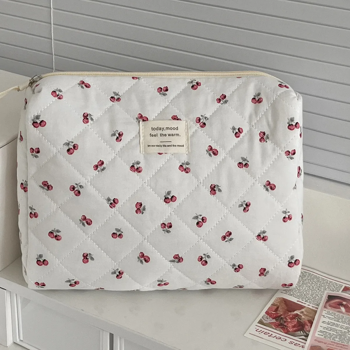trousse cosmétiques tissu coton cerises blanches voyage toilette maquillage extensible pliable polyvalent plaine air