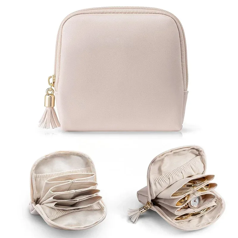 sac de rangement portable en pu pour bijoux, pochette multi-tringles à cordon, étui de voyage zippé pour colliers, bracelets et boucles d'oreilles