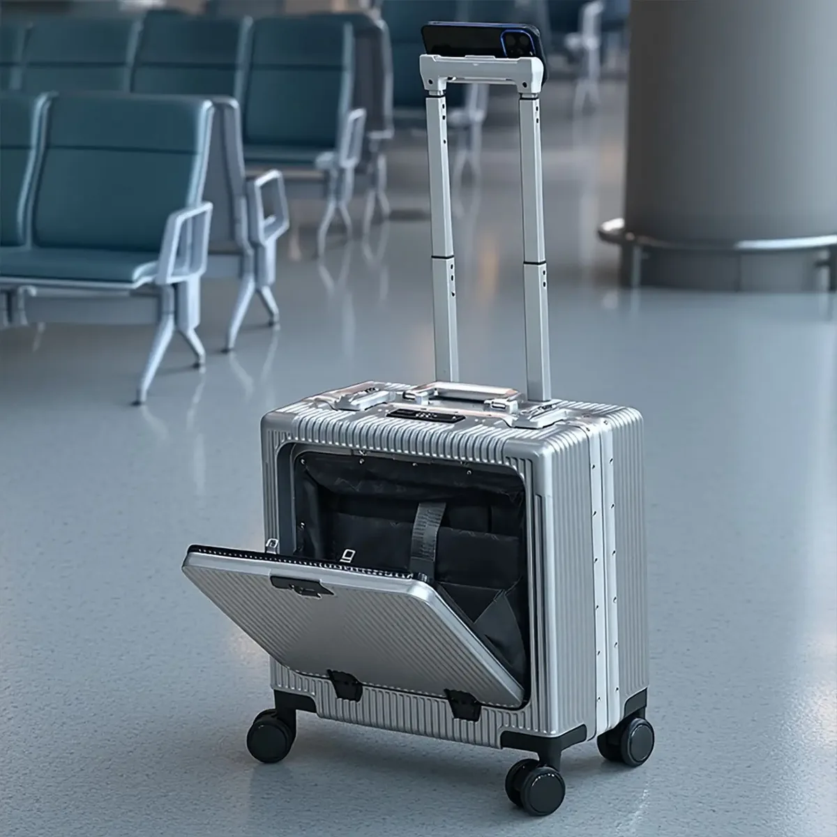 valise de poche à ouverture avant de 18 pouces, cadre en alliage d'aluminium, bagages roulants, sacs de chariot de voyage d'embarquement avec roue rotative