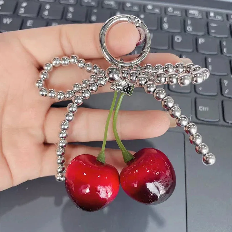 mode perle cerise dentelle nœud papillon sac pendentif à breloque porte-clés cerise voiture porte-clés sac à dos décoration bijoux cadeau pour femmes