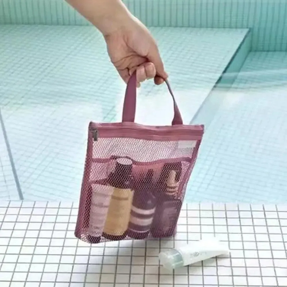sac de douche de rangement de voyage, sac de toilette de plage, sac à cosmétiques, sac à main en maille, sac de rangement d'articles de toilette pour l'extérieur