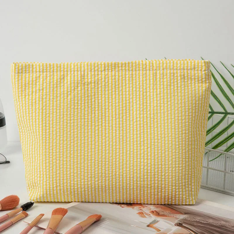 trousse de maquillage en gaze bulle pour femme, sac à main grande capacité, trousse de toilette brodé à rayures, pochette de voyage organisateur