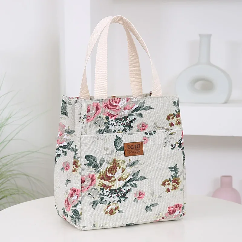 nouveau sac à main en toile imprimé de fleurs, sac de travail portable multi-poches avec fermeture éclair semi-fermée, sac de rangement quotidien, sac à bento.
