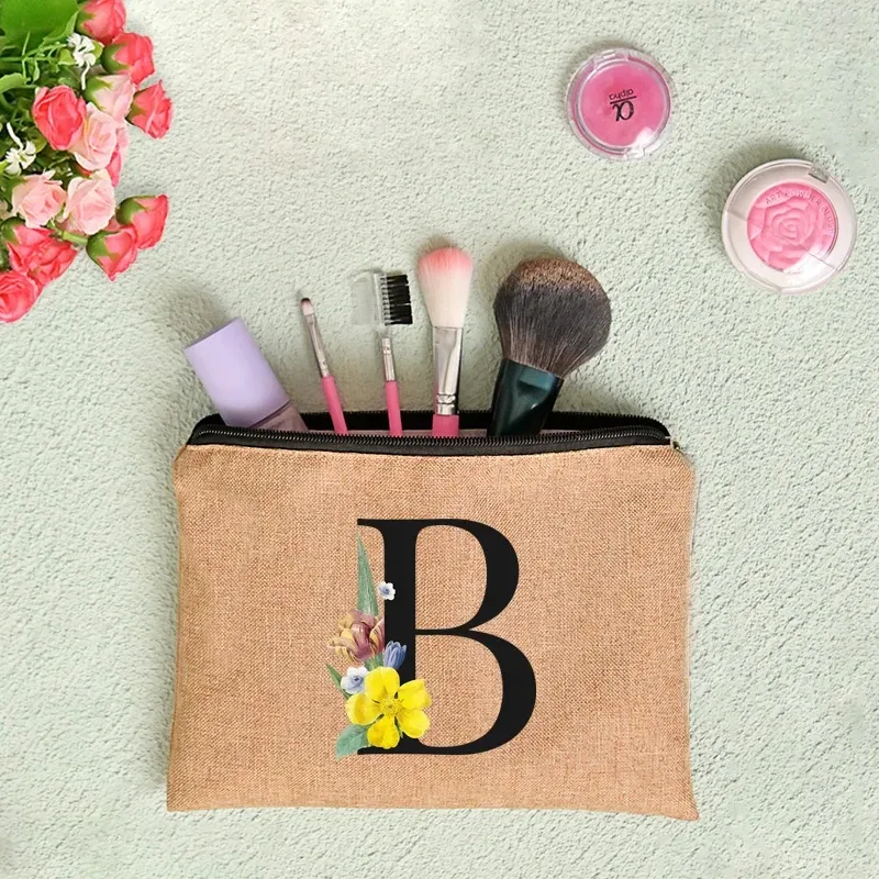 pochette en lin à fermeture éclair pour femmes, imprimé de lettres florales, étui de rangement de voyage, sac à cosmétiques, trousse de maquillage, sacs de maquillage de demoiselle d'honneur