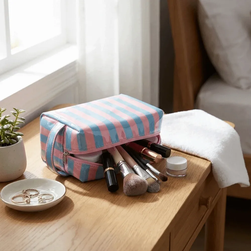 trousse de toilette rayée imperméable rose simple sac de rangement cosmétique de voyage grande capacité portable organisateur de maquillage en pvc plage