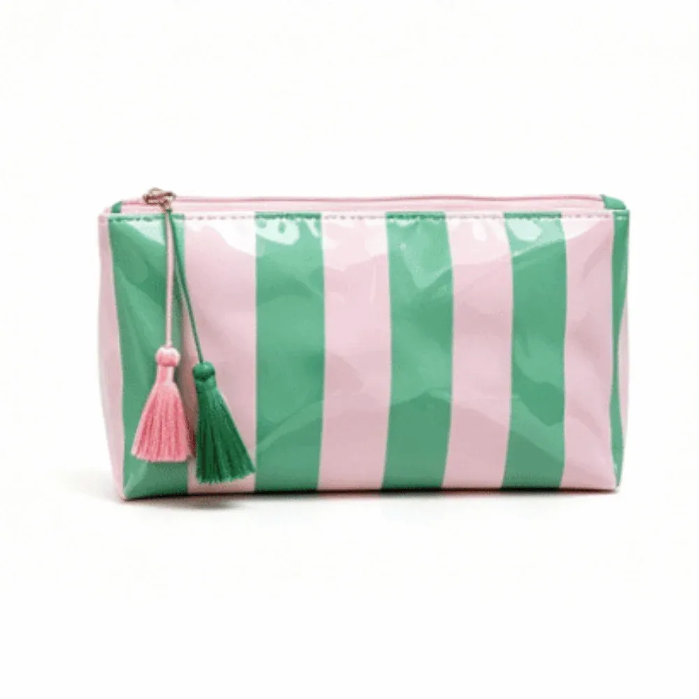 sac de toilette imperméable à rayures, grande capacité, doublure en polyester, sac de toilette en pvc, couleur contrastée, sac de rangement simple pour la plage