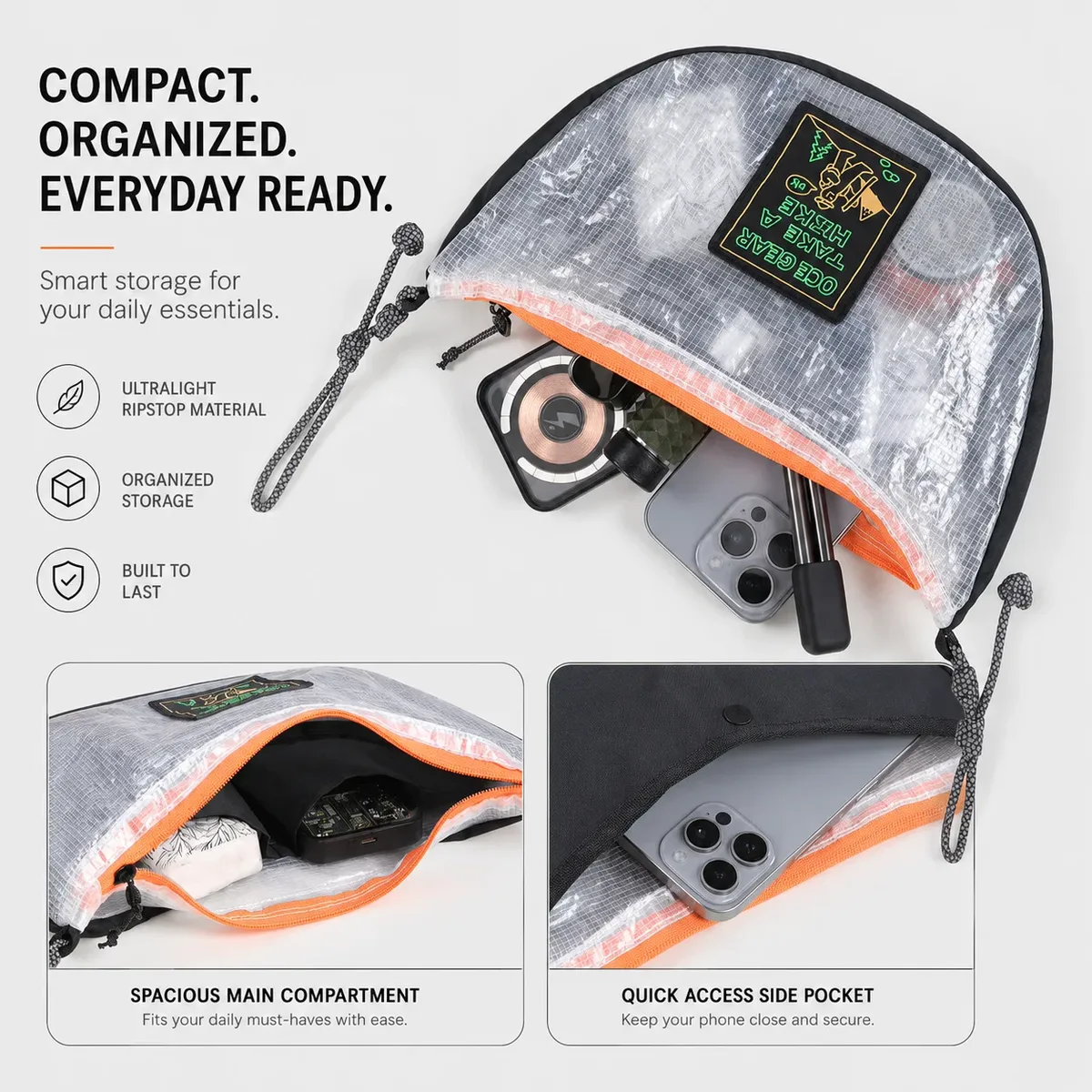 sac à bandoulière en maille ecopak tech, ultraléger 120g, sac demi-lune, imperméable 70psi, sac à bandoulière pour la randonnée et le camping, pour hommes et femmes