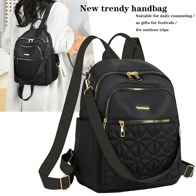 sac à dos élégant en nylon matelassé pour femmes, sac à dos avec quincaillerie dorée, sac à bandoulière multi-emplacements pour les activités de voyage et de shopping décontractées