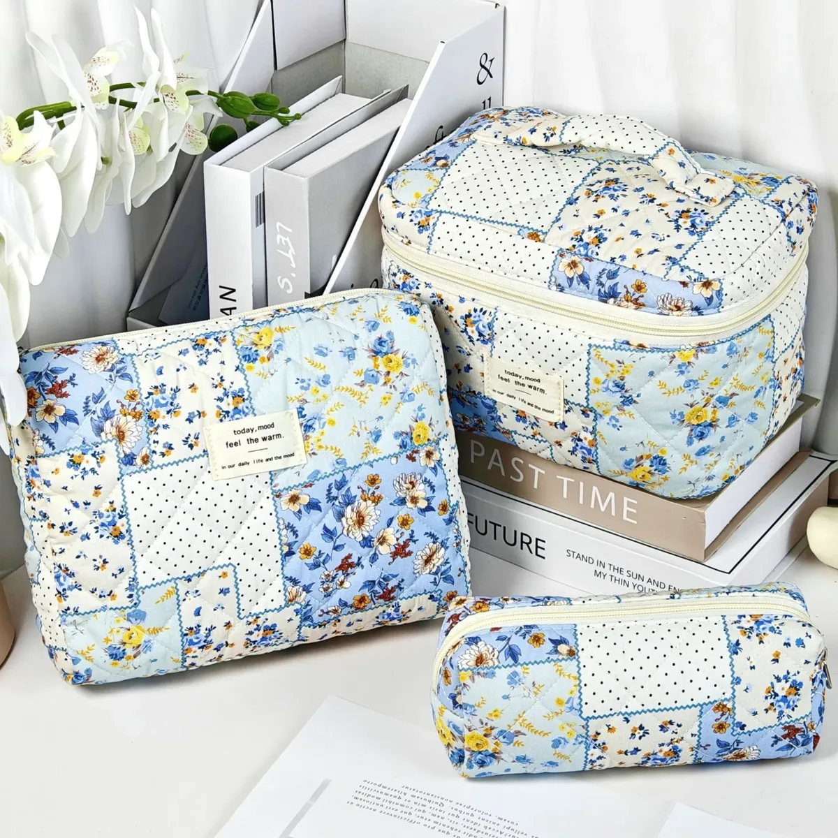trousse de maquillage à imprimé floral de grande capacité, sac de rangement de cosmétiques de voyage portable, sac de style urbain simple avec doublure en polyester pour femmes