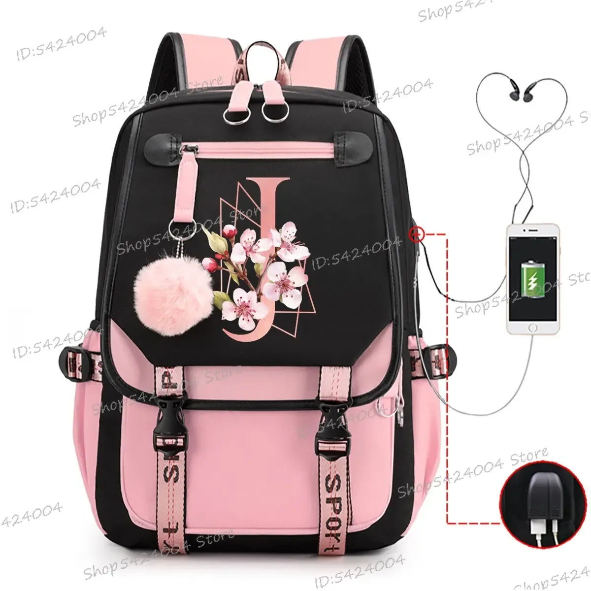 sac dos nylon unisexe rose noir lettre initiale motifs floral personnages voyage adolescents toile interne ordinateur poche fentes compartiments