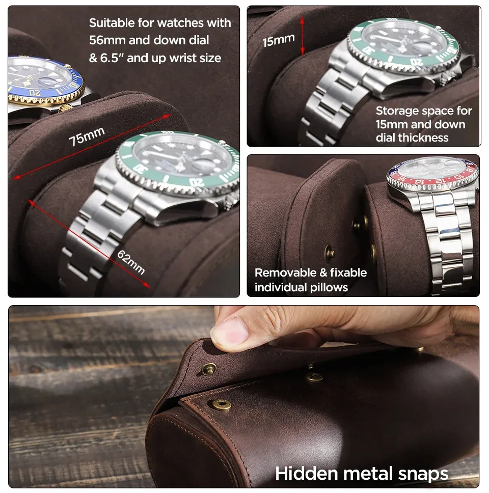 boîte à montre en cuir véritable, organisateur de rangement de montre portable rétro voyage montre rouleau étui support détachable pour hommes femmes
