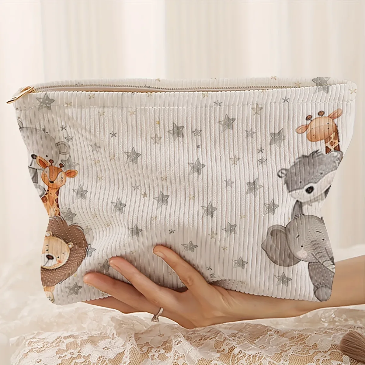 trousse de maquillage multifonctionnelle en velours côtelé imprimé motif petits animaux avec fermeture éclair et doublure, sac de rangement pour cosmétiques et articles de toilette