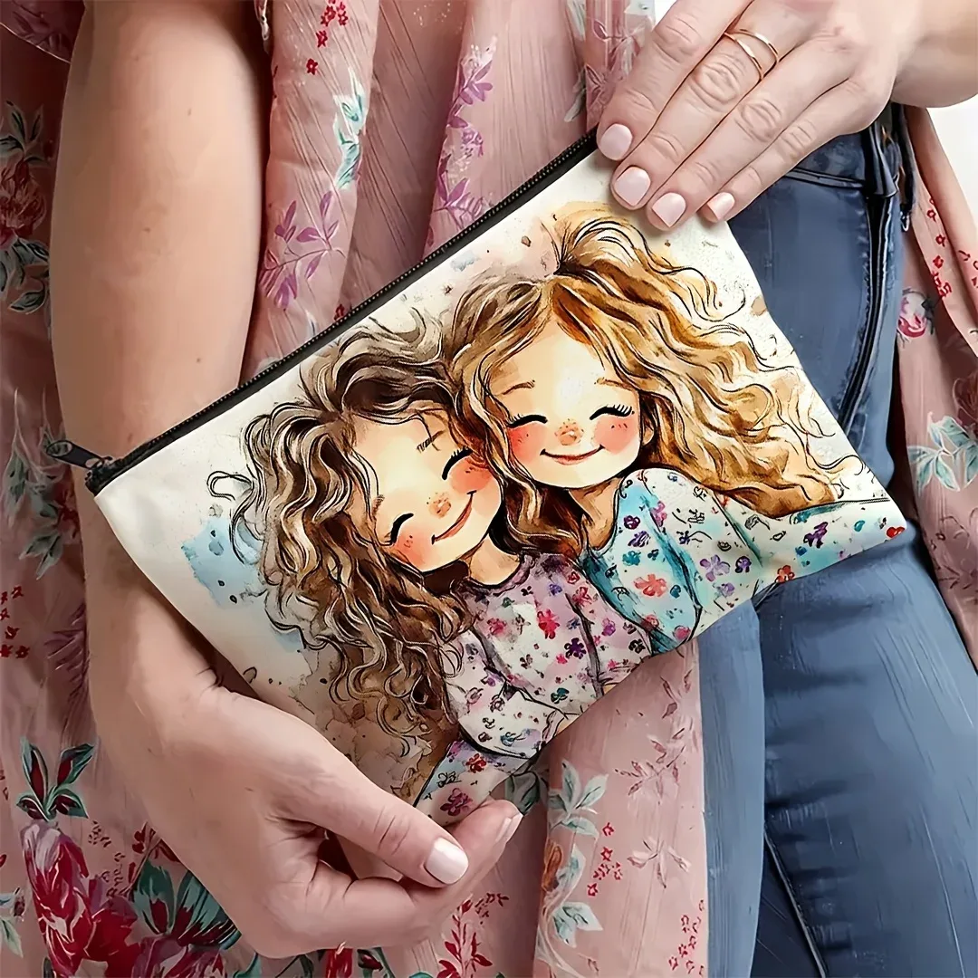 trousse toilette lin illustration filles souriantes robe motifs floraux pochette portable voyage beauté maquillage cosmétique
