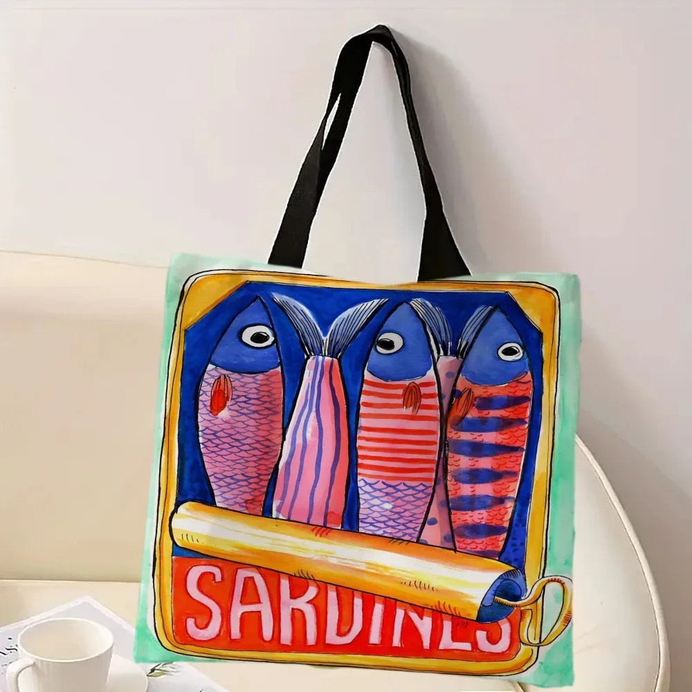 sac à main décontracté imprimé de sardines colorées à la mode, sac à dos réutilisable à la mode, sac fourre-tout multifonctionnel, sac de courses en polyester