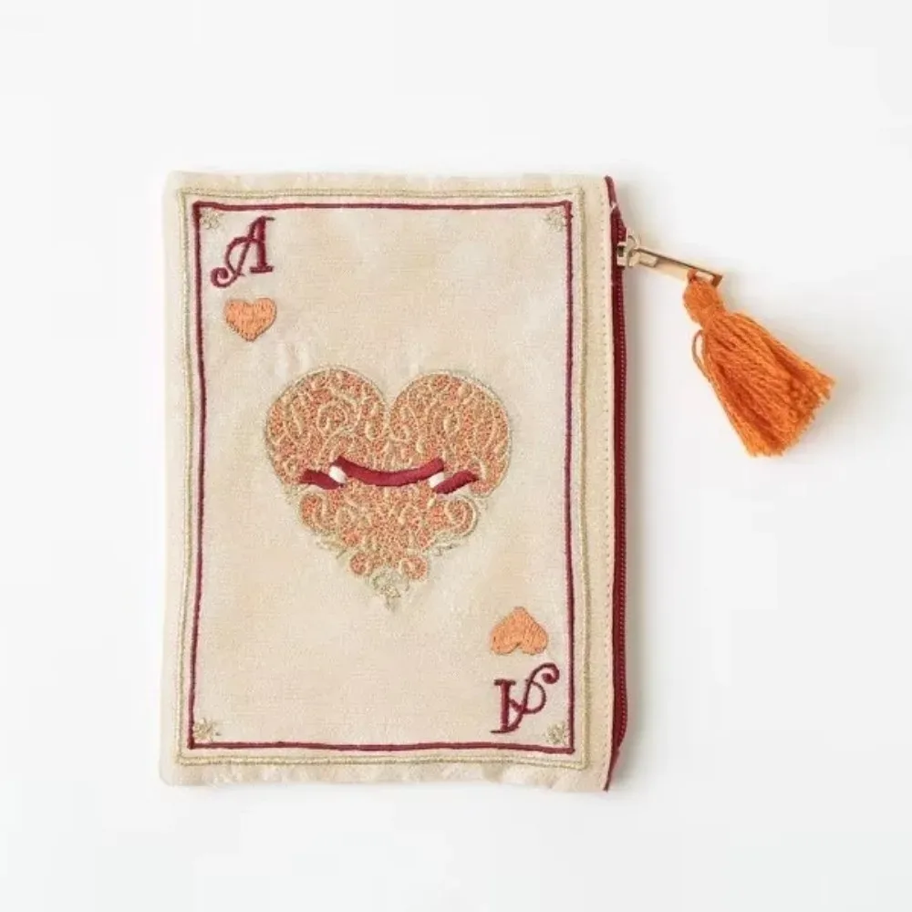 nouvelle trousse à cosmétiques brodée à la main, style ethnique, sac portable pour monnaie et cartes, motif rétro de cartes à jouer, sac de rangement à franges