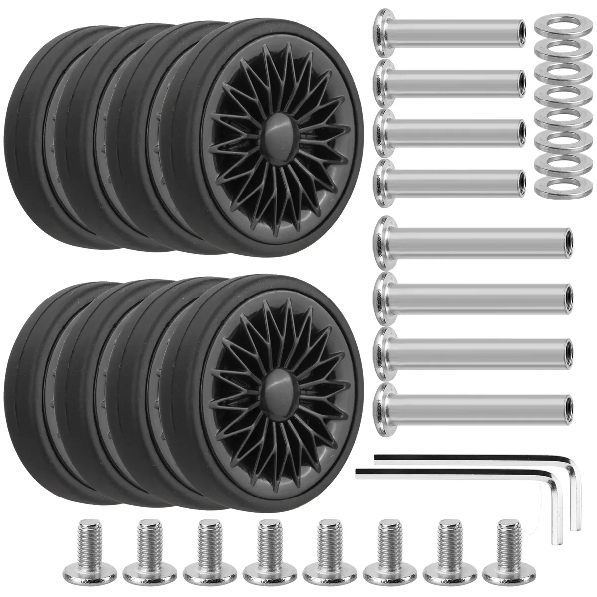 roues remplacement plastique métal noires vis ecuirs rondelles valise réparation voyage silencieuses fluide utilisation divers surfaces
