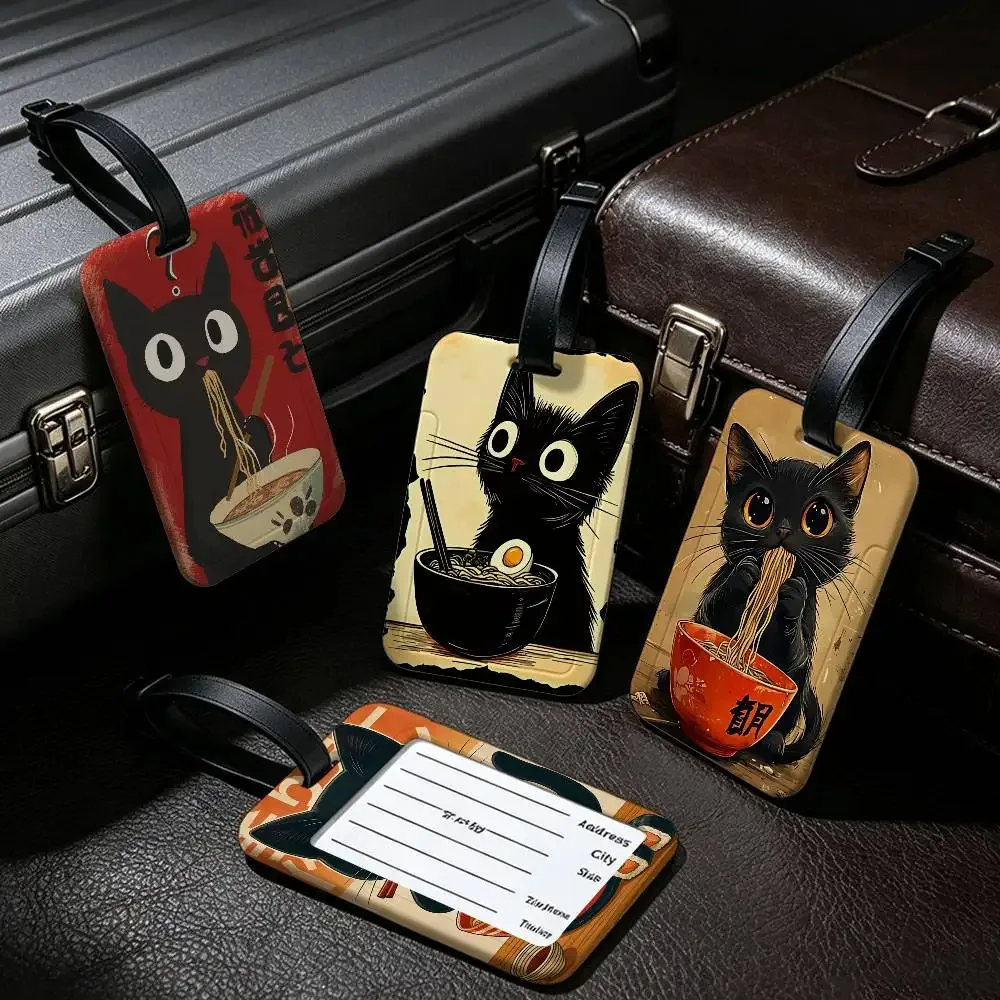 chat japonais mangeant des nouilles, étui pour carte d'information en toile imperméable, étiquette de bagage en pvc, identifiant anti-perte pour valise et sac à main