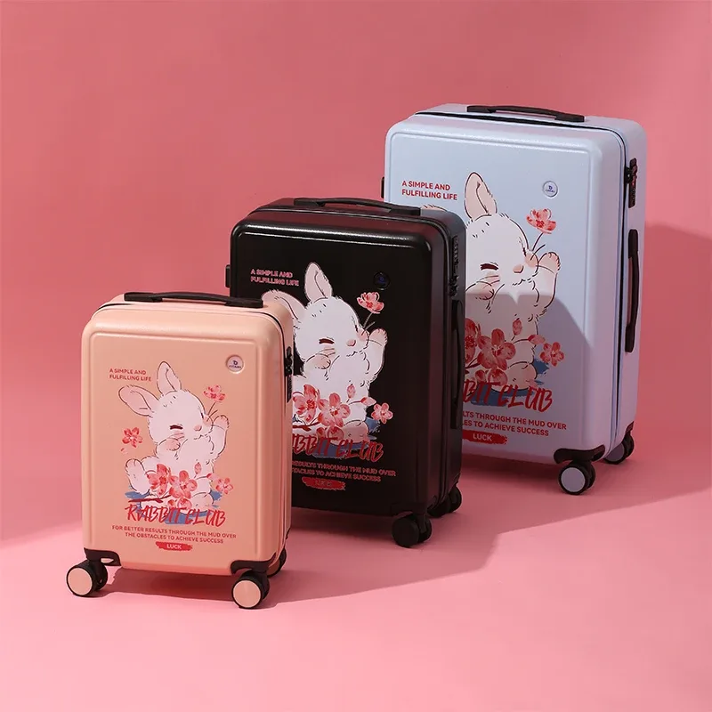 valise plastique abs beige noir gris lapins fleurs roses voyage école enfants toupie roulettes poignées